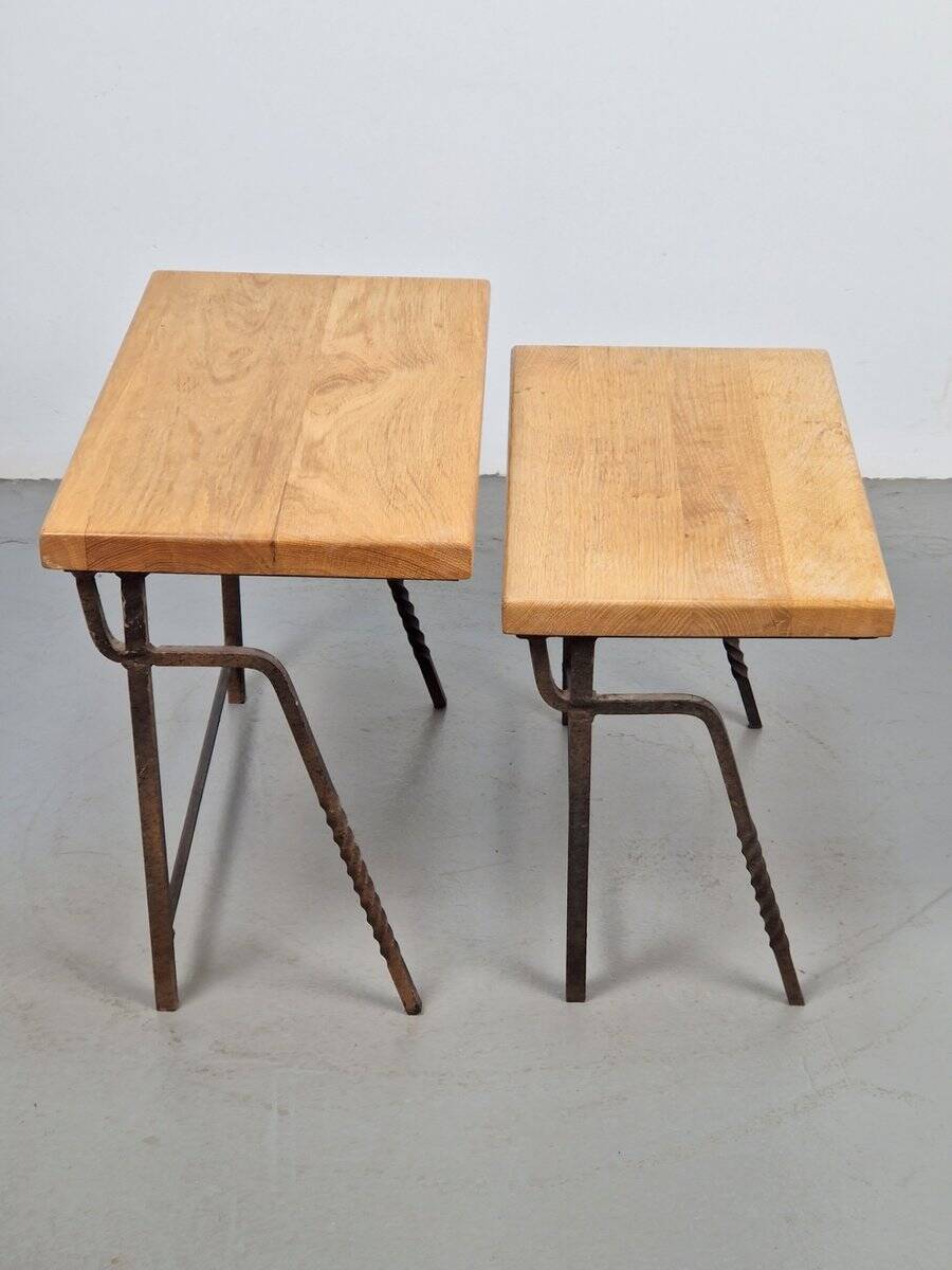 Brutalist Cast Iron and Oak Nesting Tables, 1970s, Set of 2