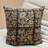 Coussin block print fleurs “jardin indien” - Brun/Jaune