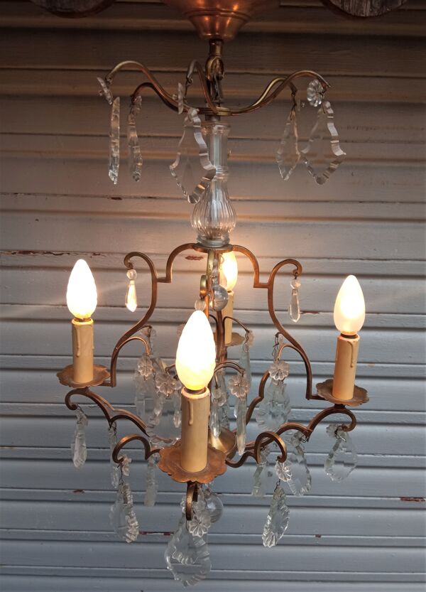 Lustre cage 4 feux à pampilles de cristal