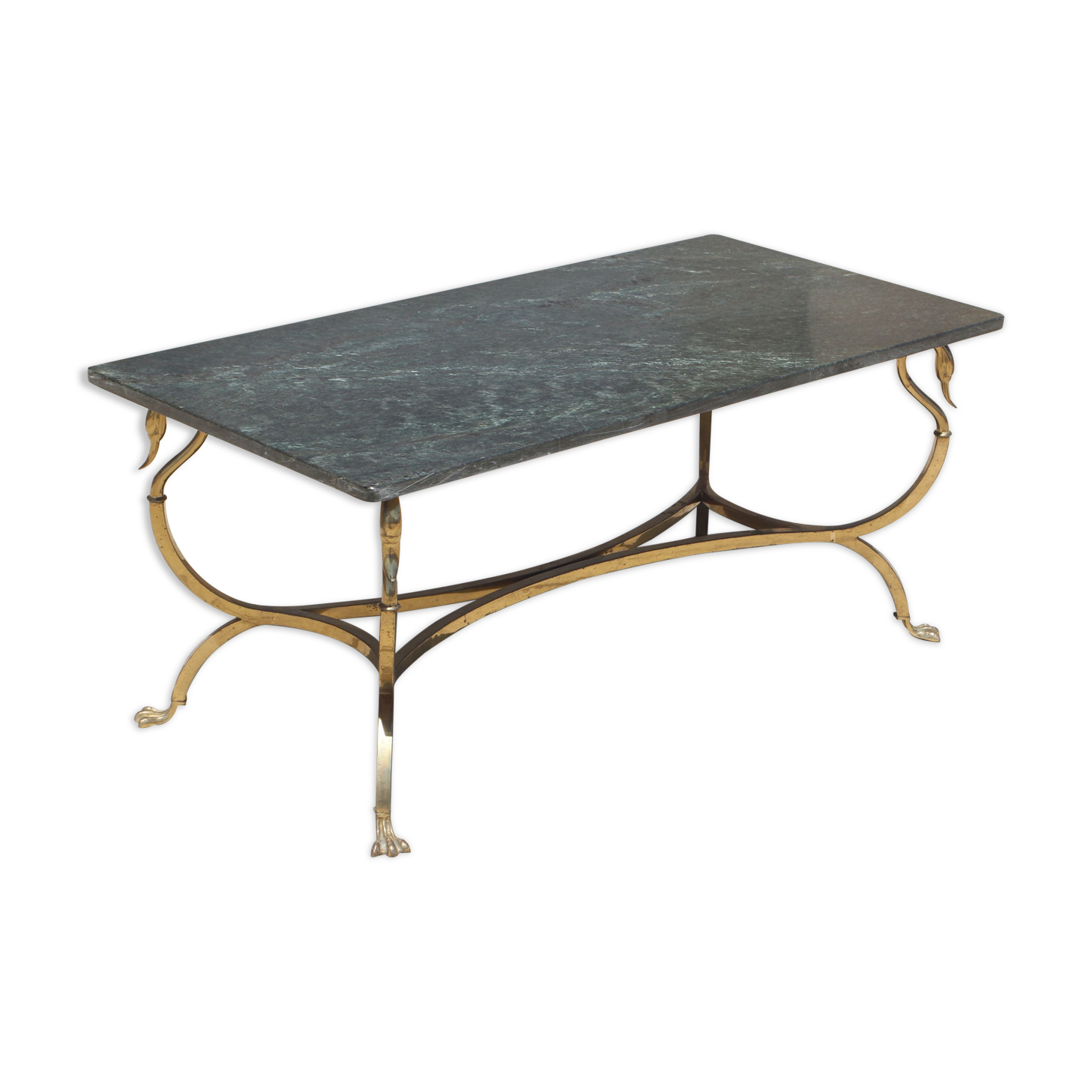 Table basse aux cygnes en bronze et marbre vert perlé 1950