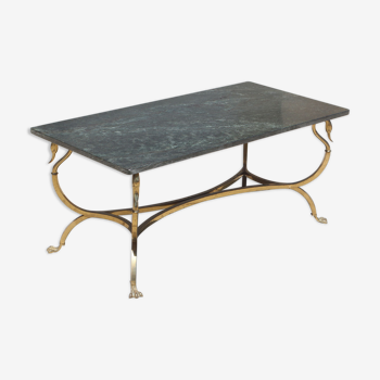 Table basse aux cygnes en bronze et marbre vert perlé 1950