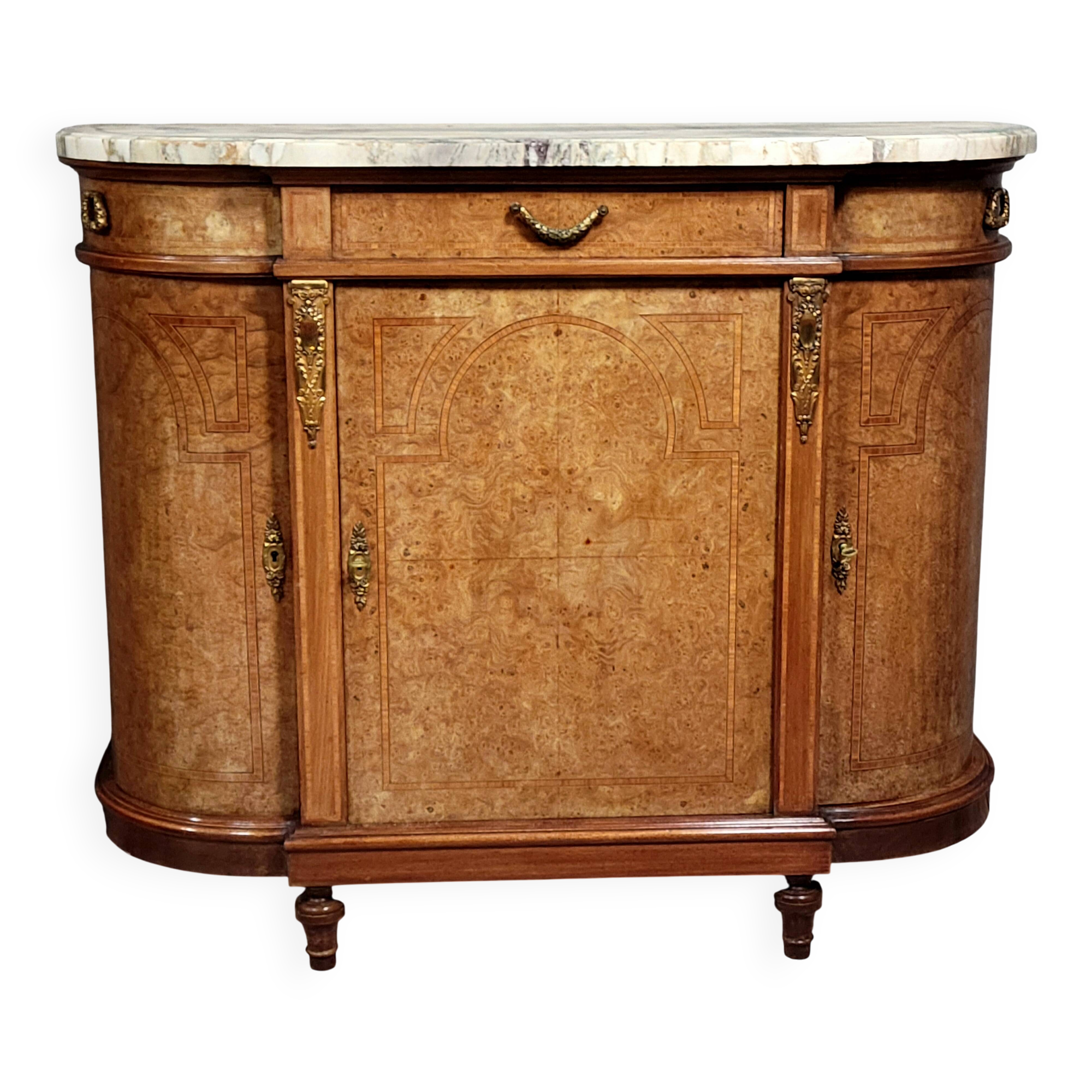 Half-moon buffet in Louis XVI style with burl and marquetry.