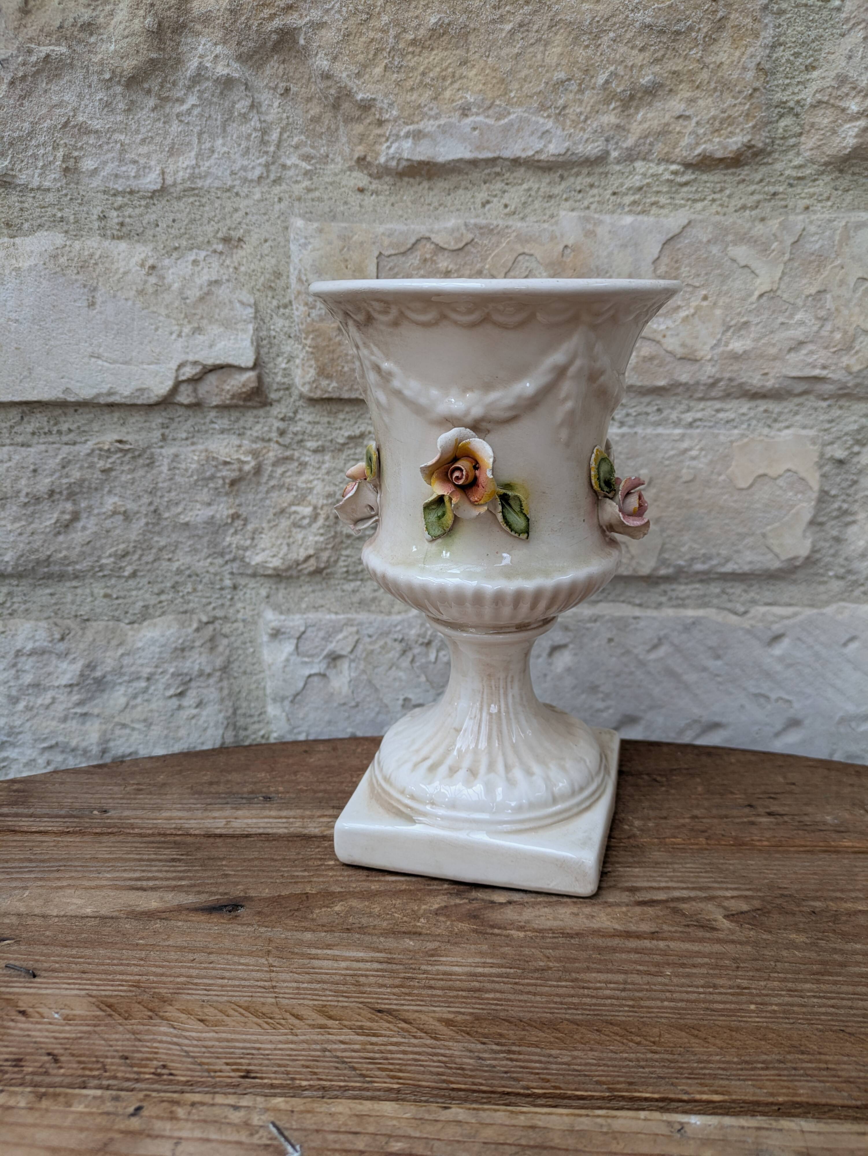Antique Italian ceramic vase in slip style with rose decoration