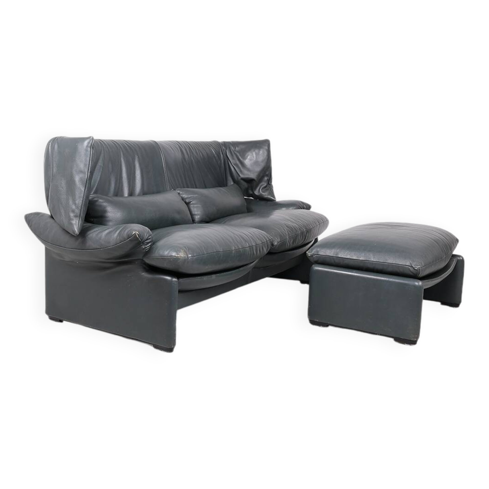 Leather Sofa with Pouf by Vico Magistretti for Cassina, 1980s, Set of 2