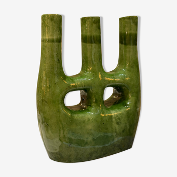Vase sculptural minimaliste trident céramique émaillé vert