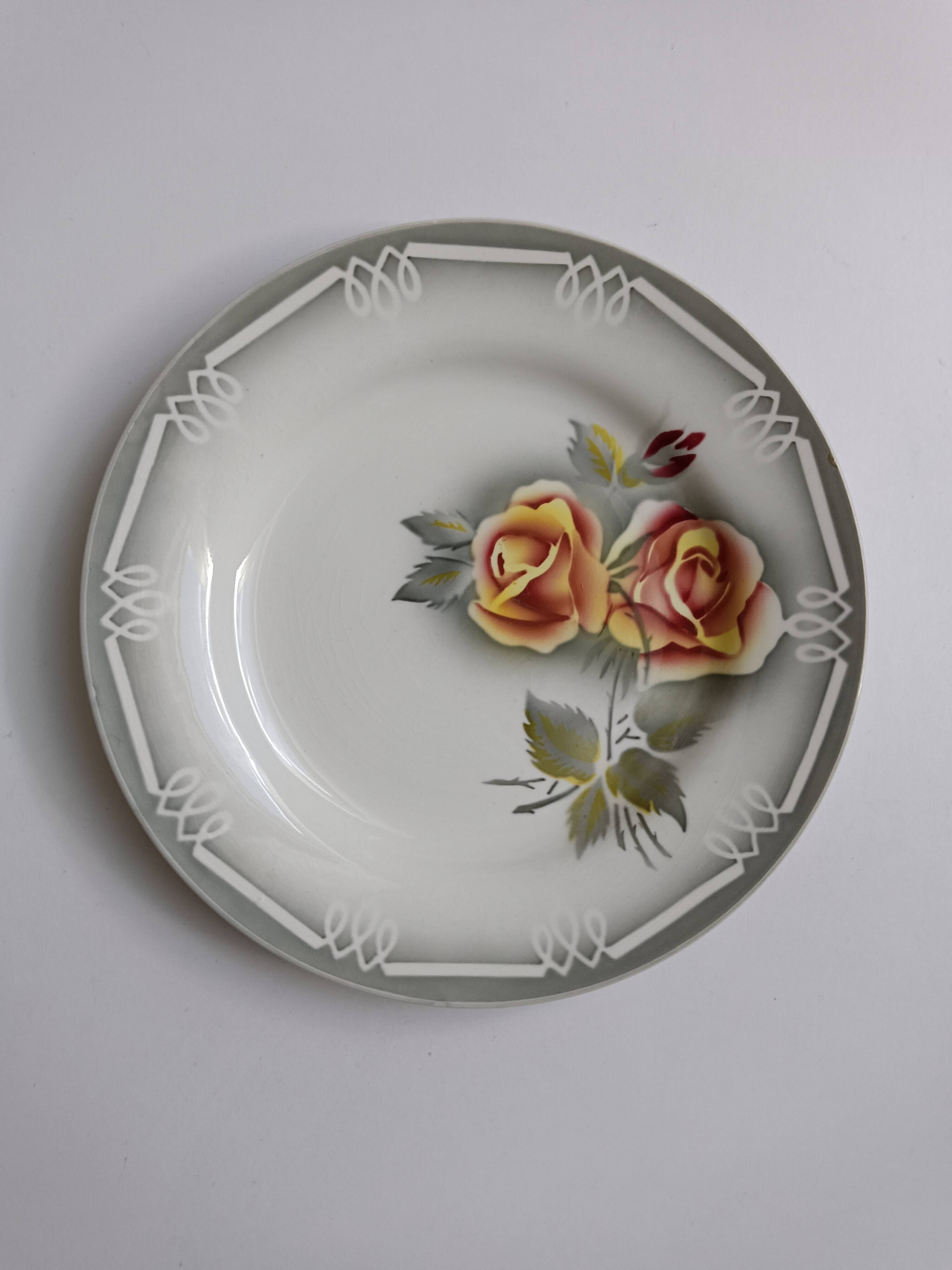 3 assiettes Digoin Sarreguemines Adèle gris jaune et bordeaux