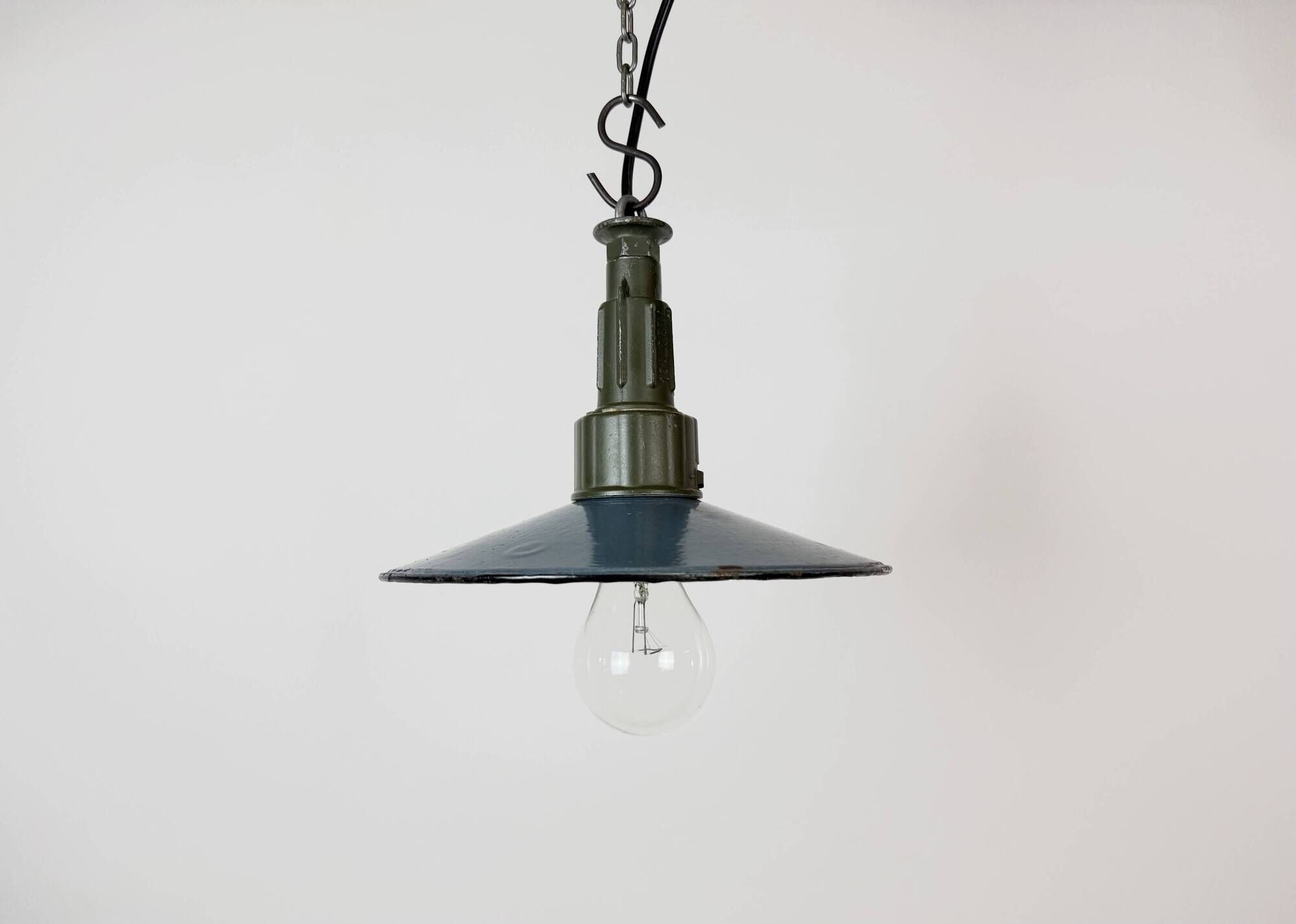 Industrial Blue Enamel Military Pendant Lamp with Cast Aluminium Top, 1960s