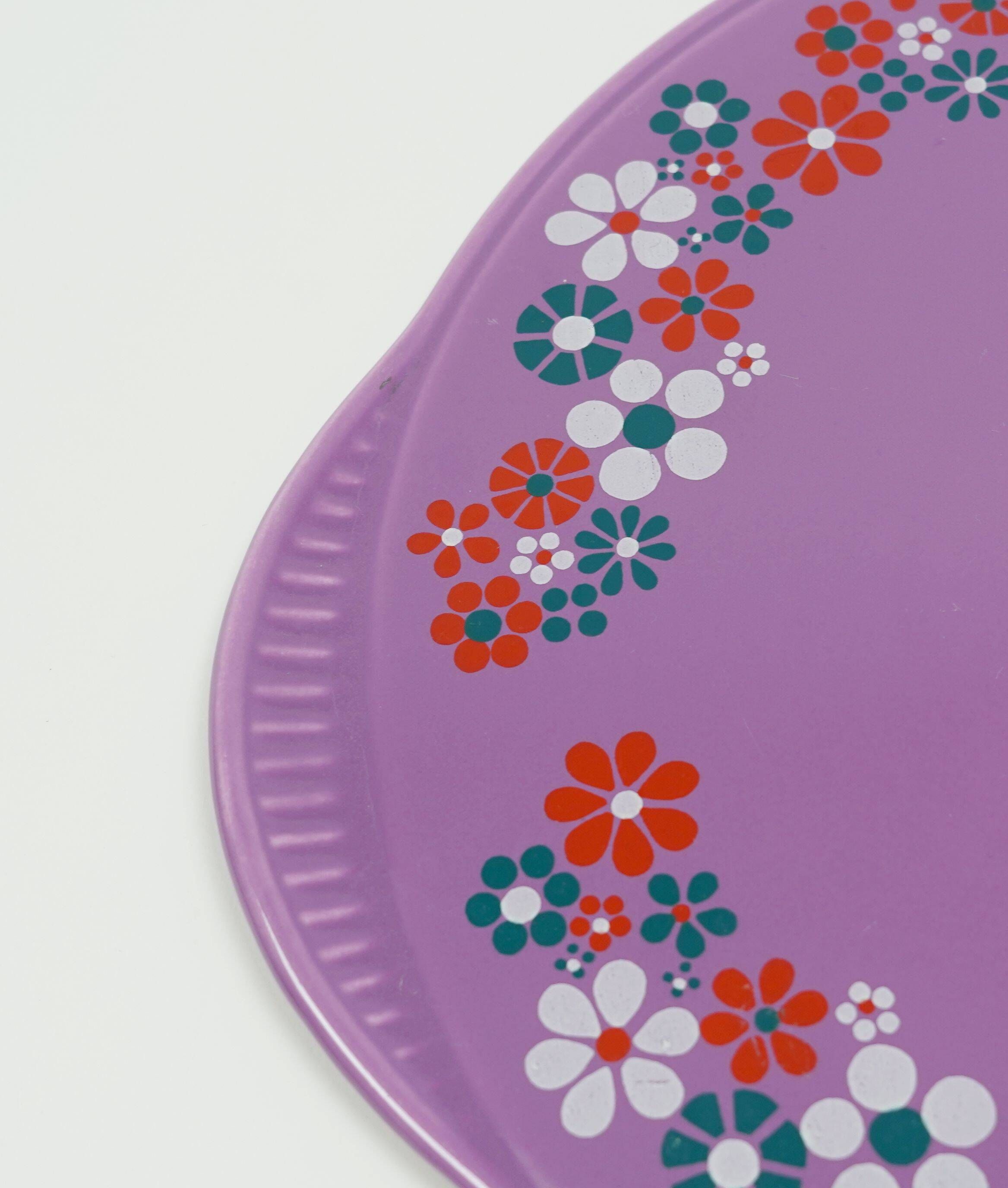 1970s CAKE PLATE staffel-keramik purple glaze with flower decor