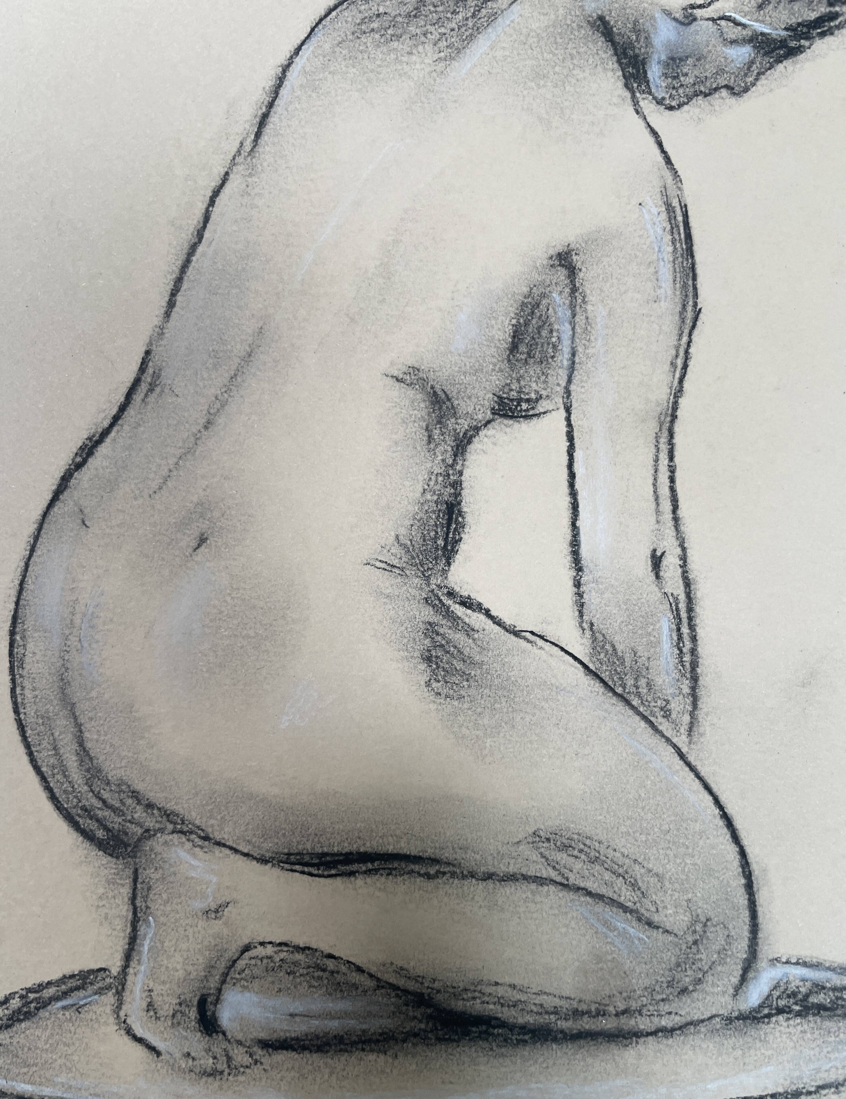 Charcoal drawing, study of a plaster statue of a woman, signed studio piece.