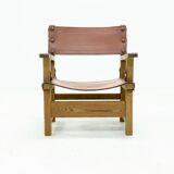 Brutalist Armchair in Pine and Cognac Leather 1960s
