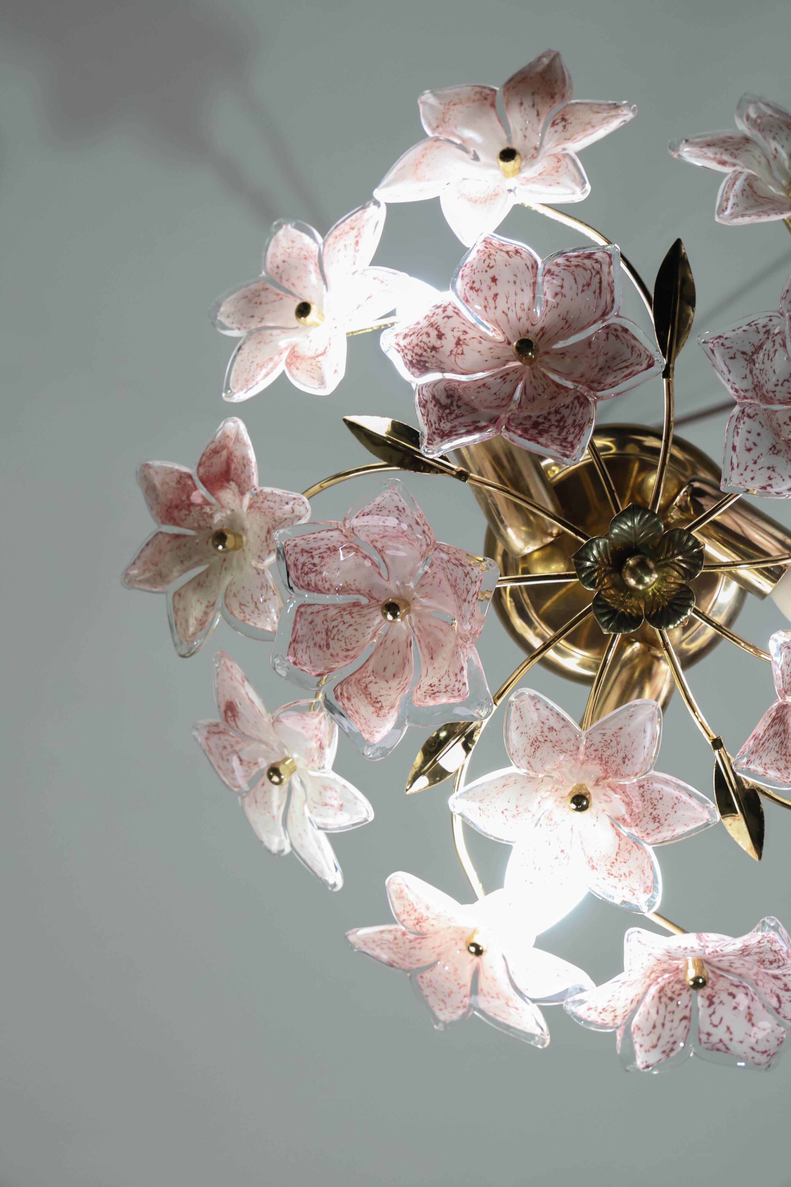 Lustre vintage Murano fleurs roses, années 1970