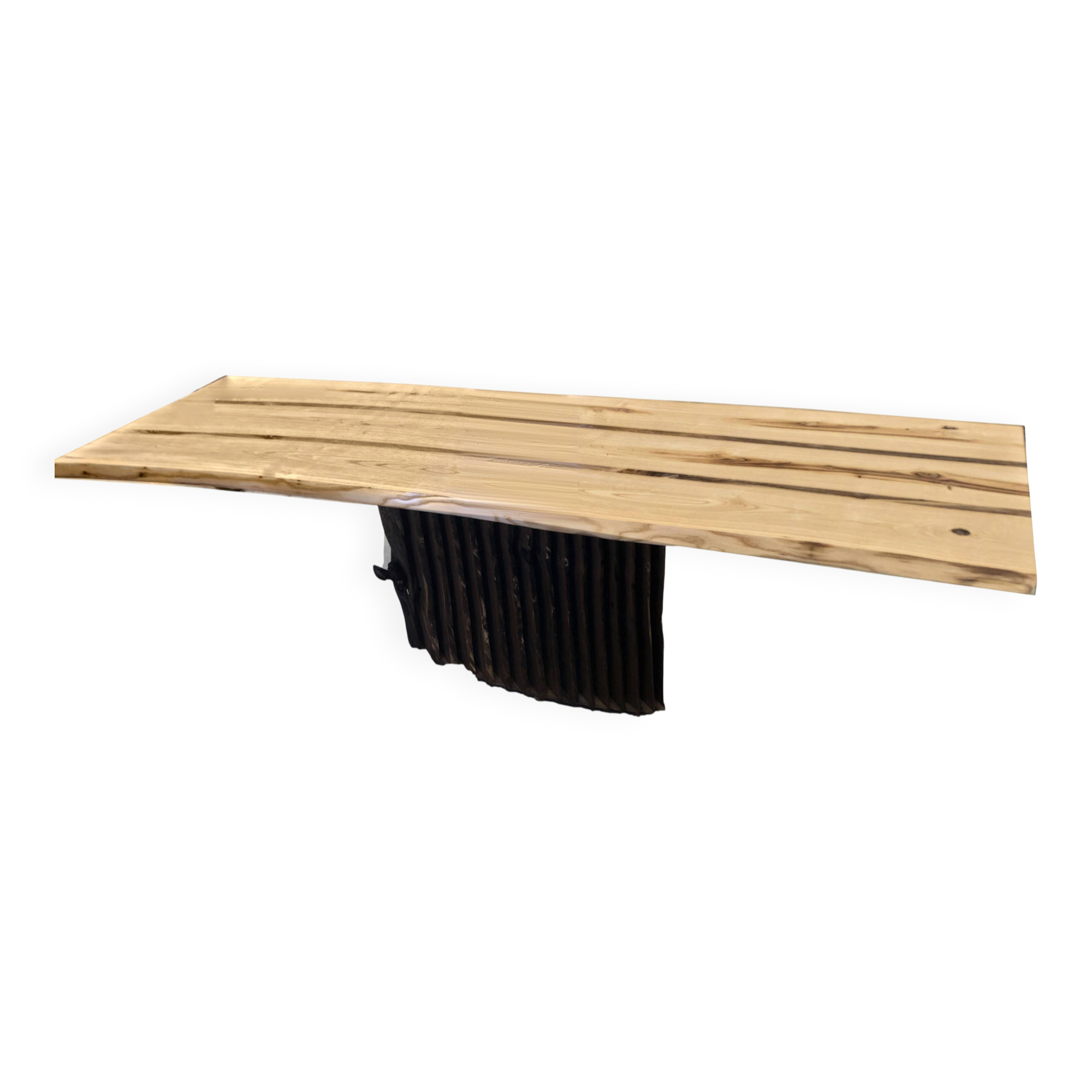 Chestnut and walnut solid table and benches with a central leg.