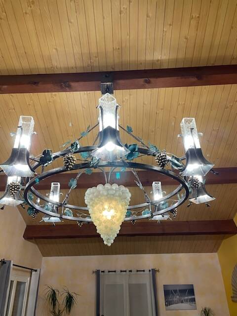 Large, heavy wrought iron and glass chandelier, circa 1980/90