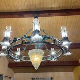 Large and large chandelier in wrought iron and glass circa 1980/90