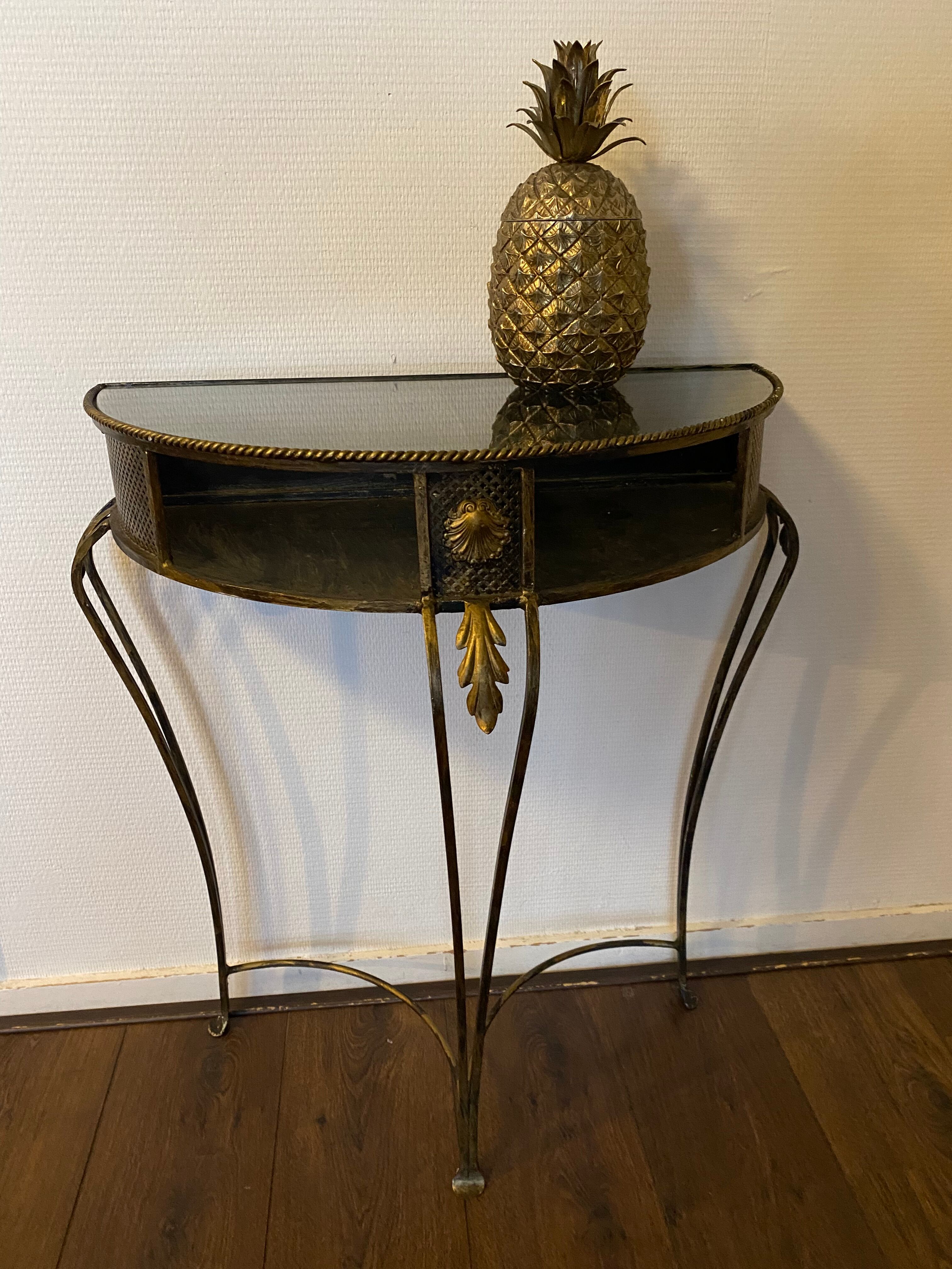 Vintage Regency Black and Gold Metal Console Hall Table, 1960s
