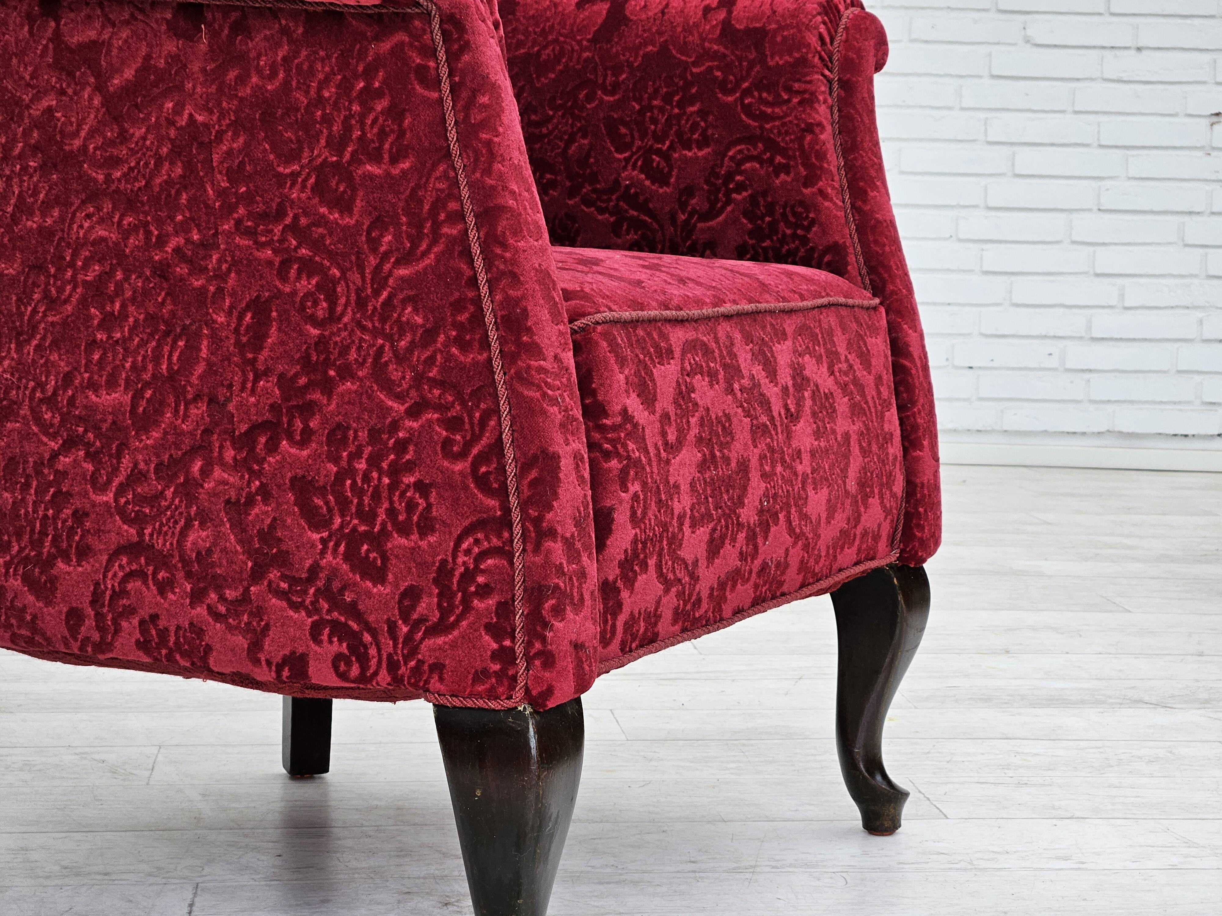 1950s, pair of two Danish lounge chairs, red cotton/wool fabric, beech wood.