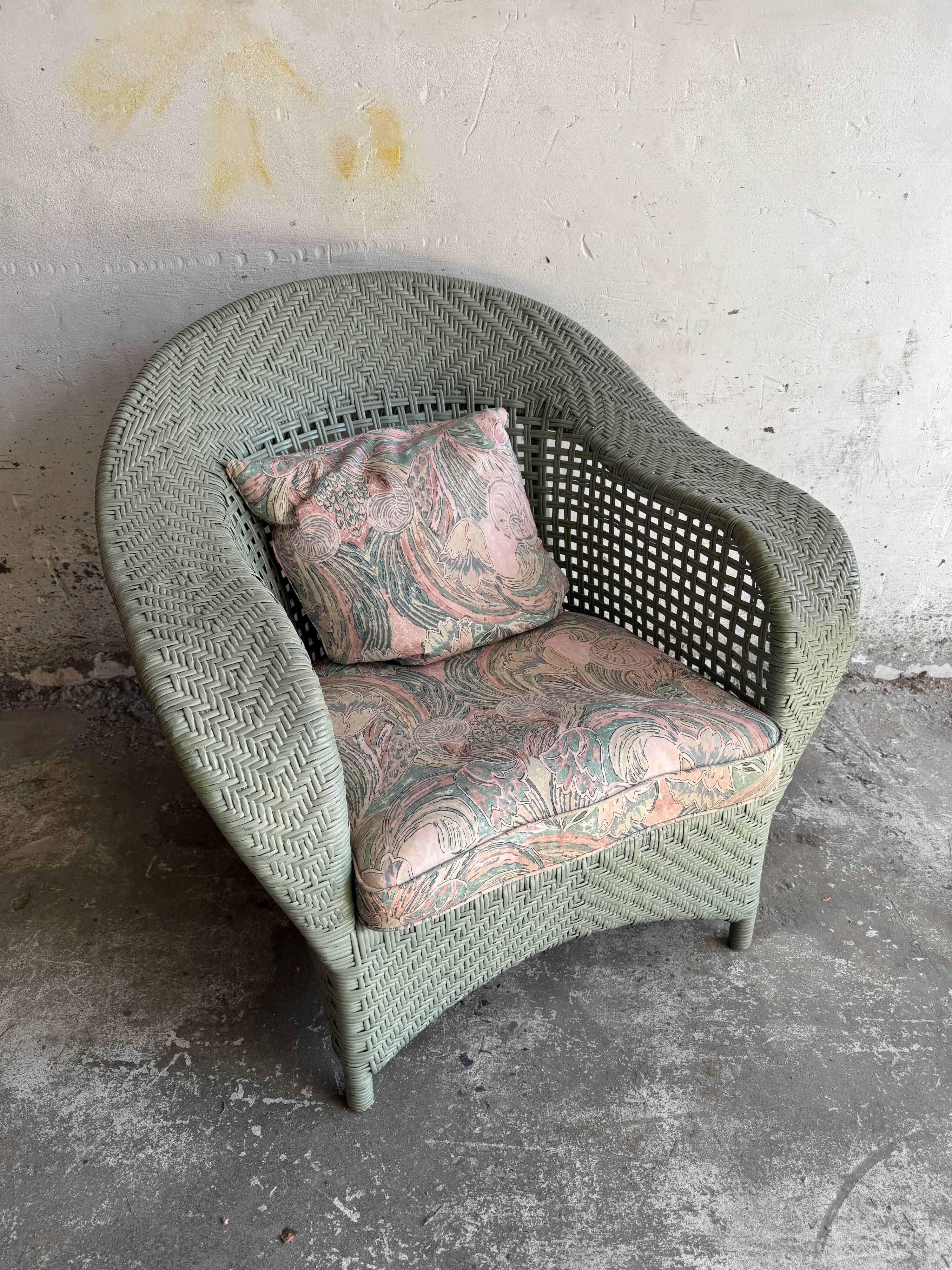 Mint Green Wicker Lounge Chair with Pastel Cotton Cushions — 1980s Coastal Revival