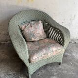 Mint Green Wicker Lounge Chair with Pastel Cotton Cushions — 1980s Coastal Revival