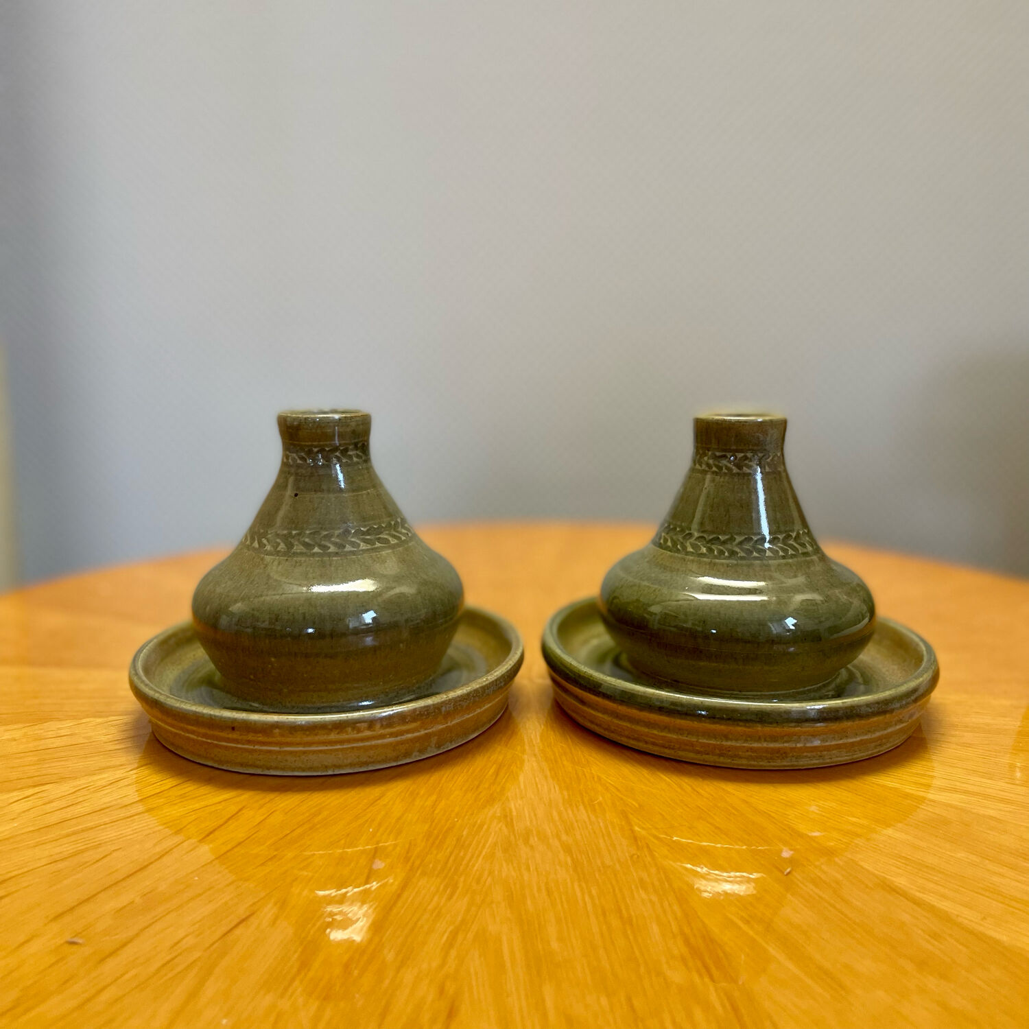 Pair of vintage glazed stoneware candle holders