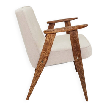 Vintage armchair with rustic wood and beige bouclé design by Chierowsky.