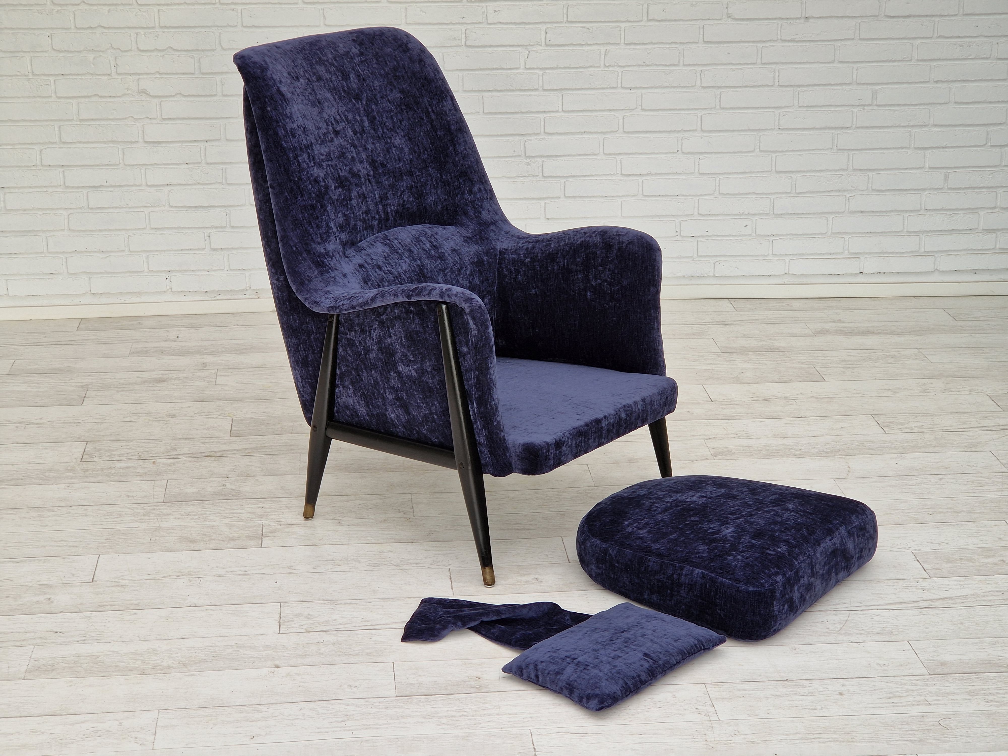 1960s, Swedish design, refurbished high-back armchair, vintage velour