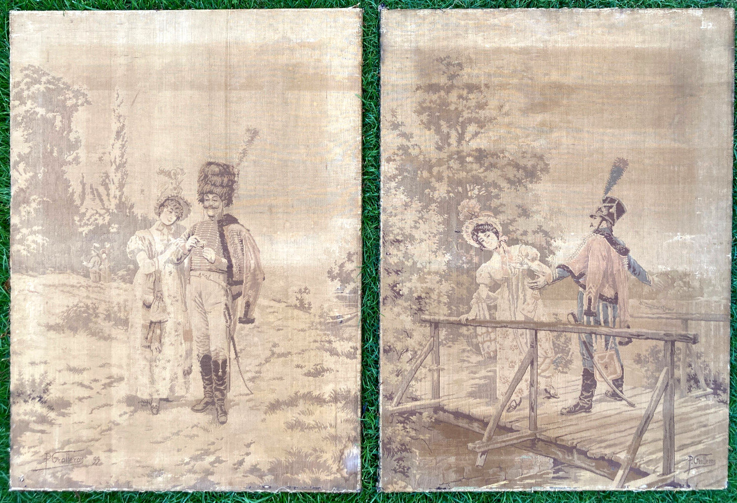 Pair of nineteenth century tapestries featuring a hussar and an elegant