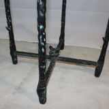 Giacometti style cast iron table, glass table