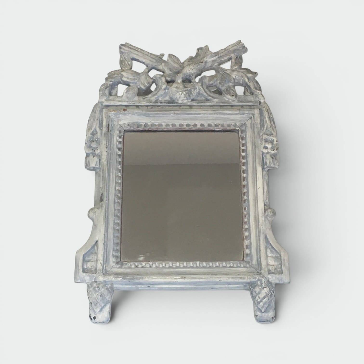 Louis XVI Style Mirror in Carved Wood with Grey Patina and Dove Pediment
