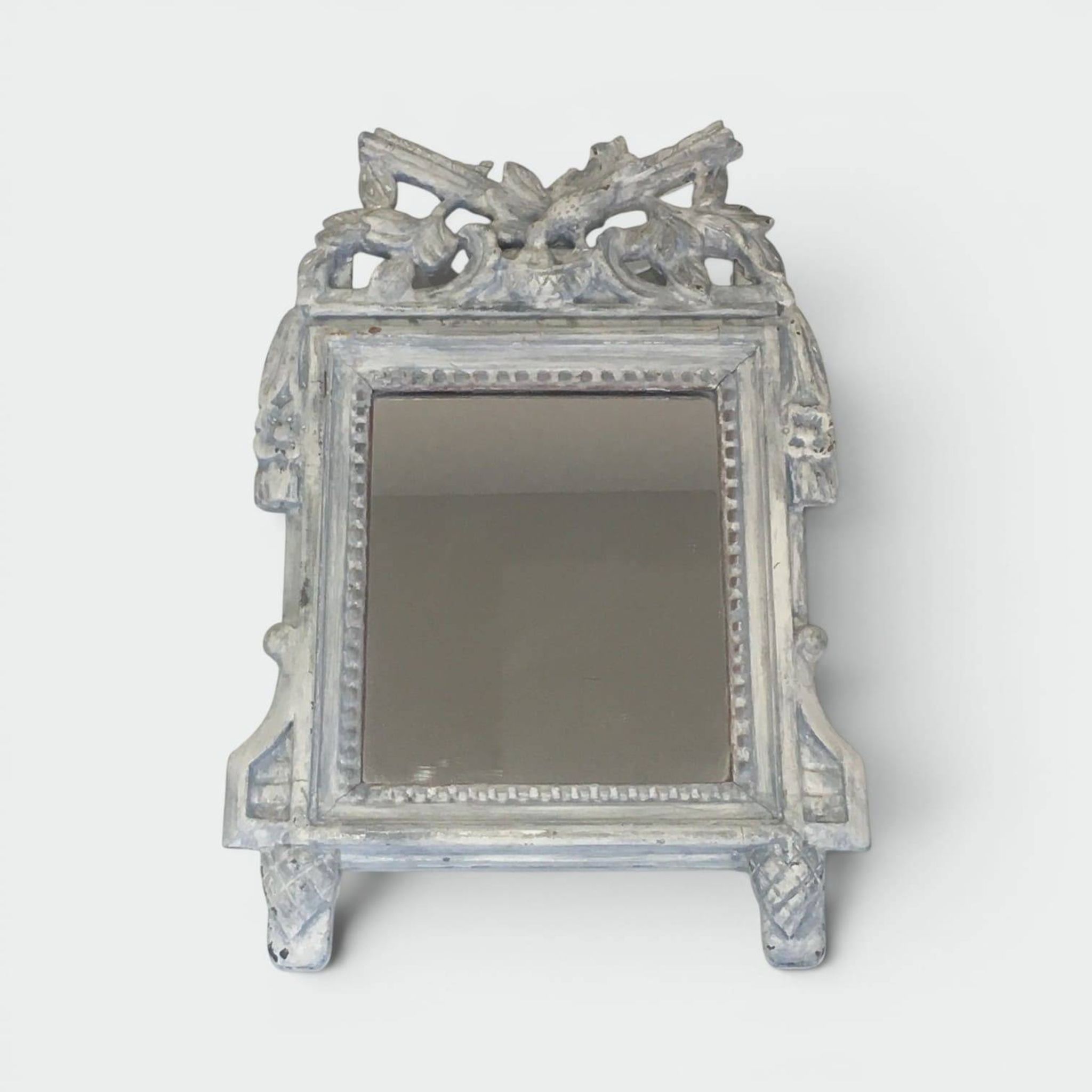 Louis XVI Style Mirror in Carved Wood with Grey Patina and Dove Pediment