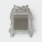 Louis XVI Style Mirror in Carved Wood with Grey Patina and Dove Pediment