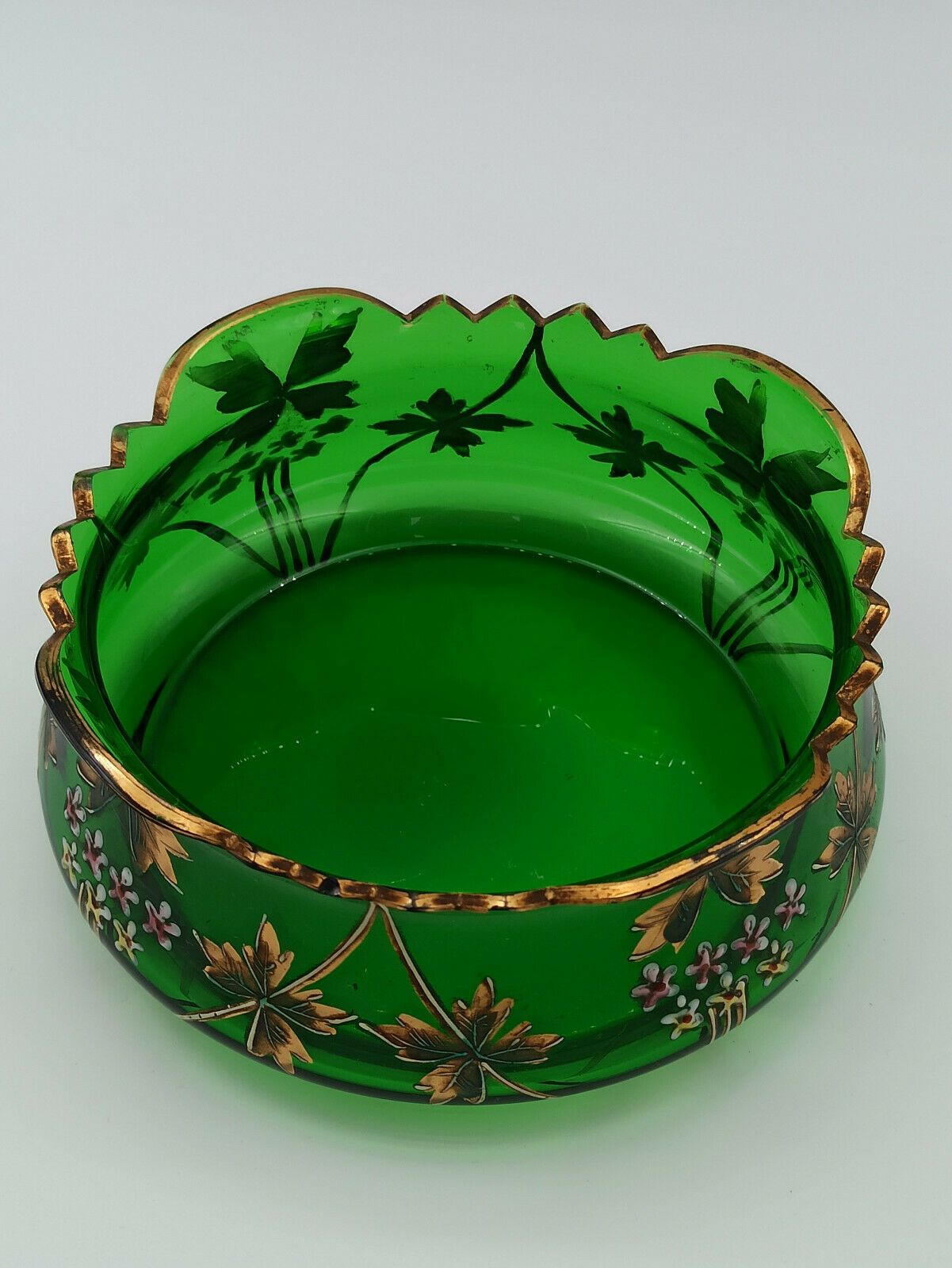 GLASS CUT 1900 ART NOUVEAU EMAILTHE POLYLOBE FLORAL DECORATION ENHANCED GOLD