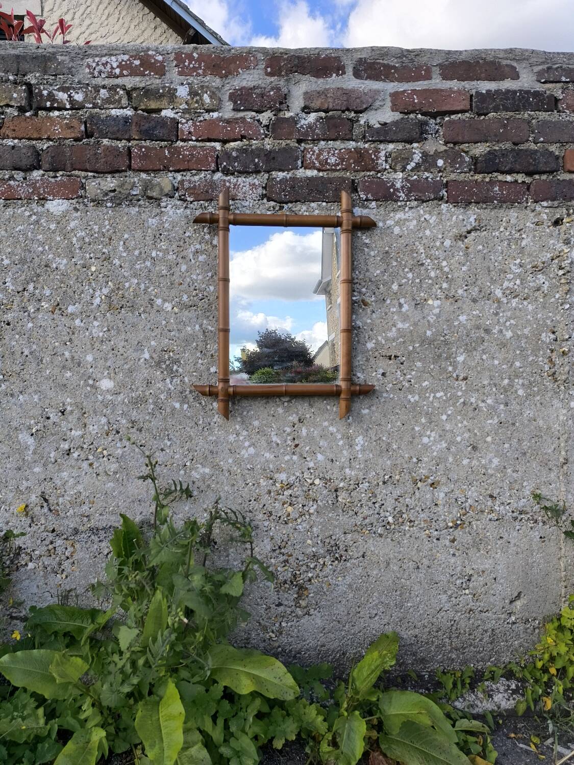 Bamboo-style turned wooden mirror, 1950s