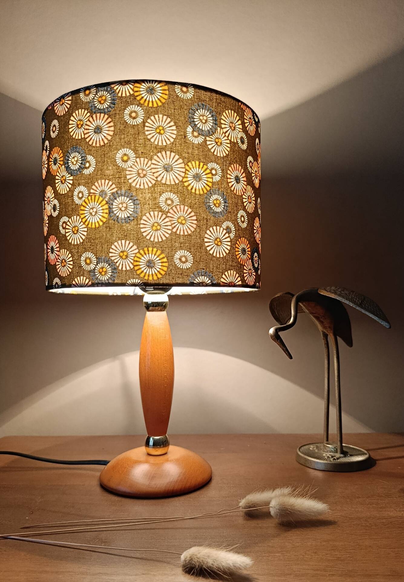 vintage Scandinavian table lamp with turned wood and Japanese lampshade