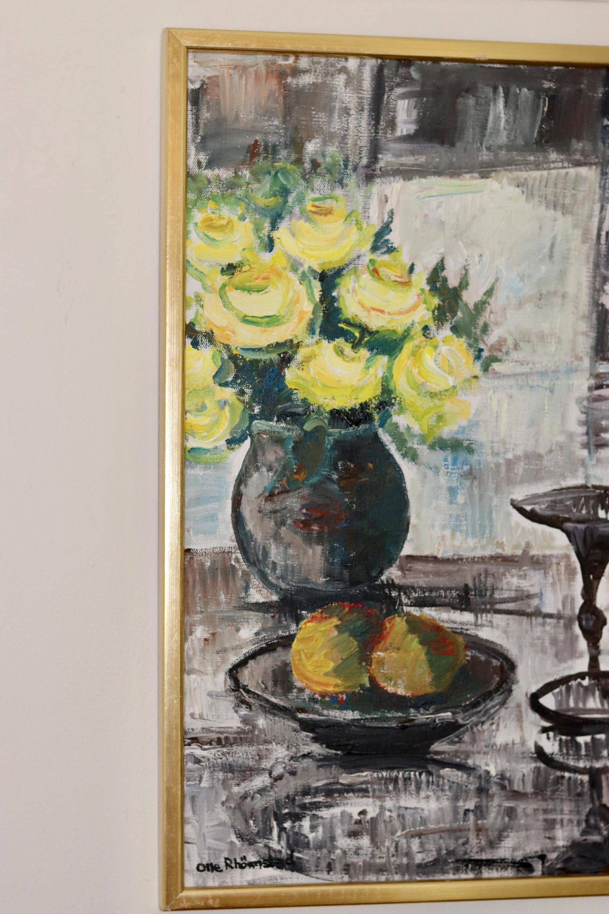 Still life with yellow roses and fruits by Olle Rhönnstrand, oil on Swedish canvas from the mid-century.