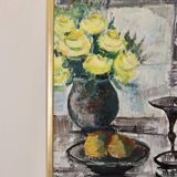 Still life with yellow roses and fruits by Olle Rhönnstrand, oil on Swedish canvas from the mid-century.
