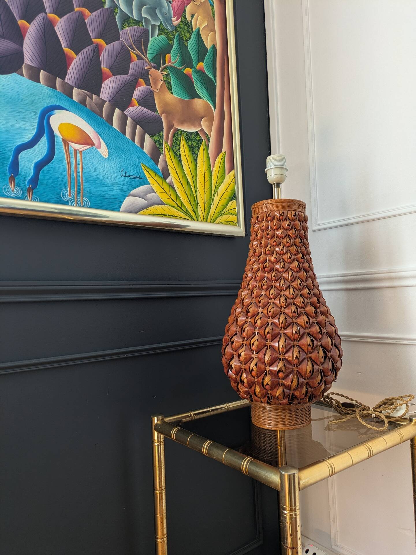 Large vintage woven lamp base in Riviera/Boho style from the 1970s.