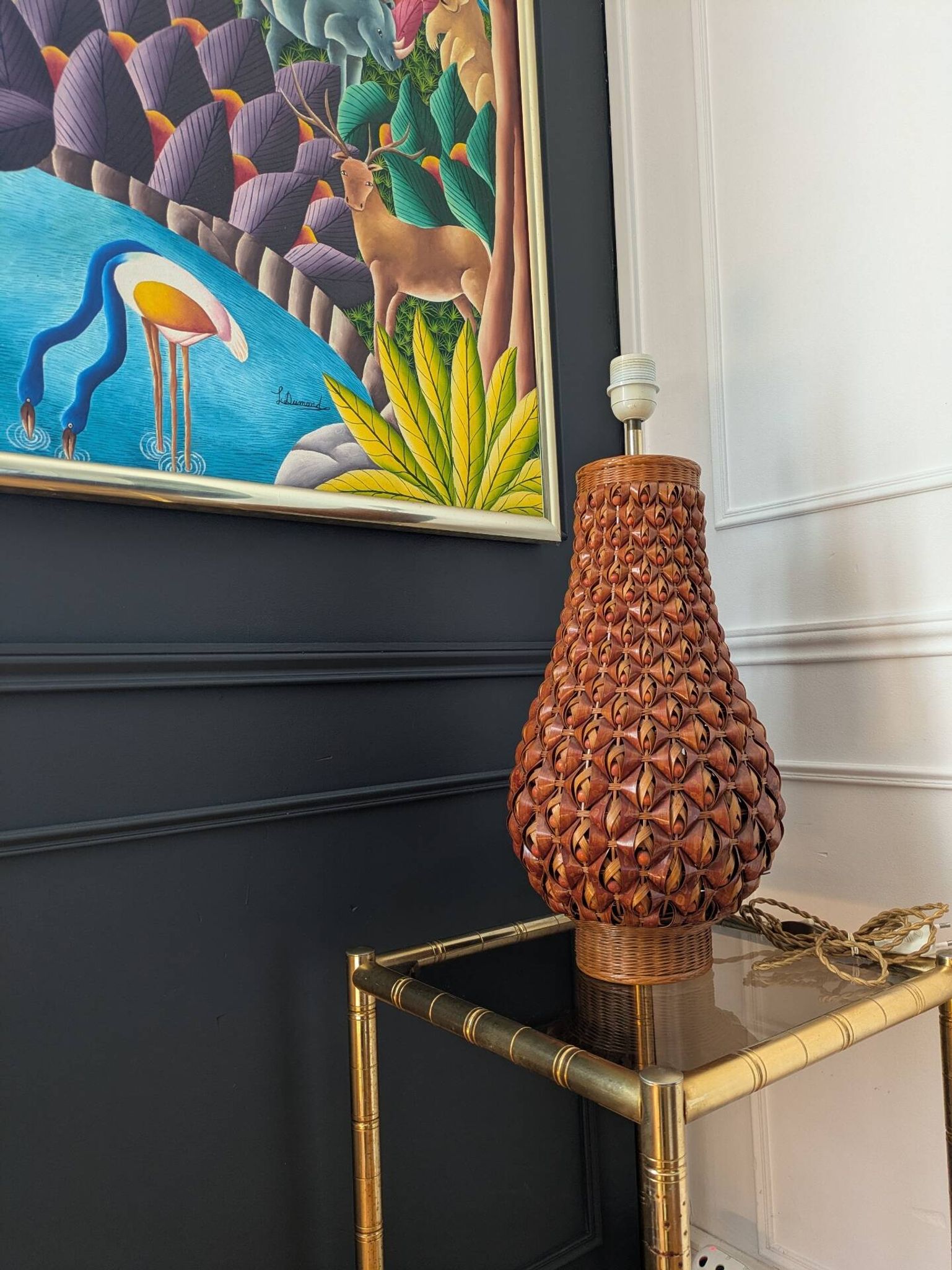 Large vintage woven lamp base in Riviera/Boho style from the 1970s.