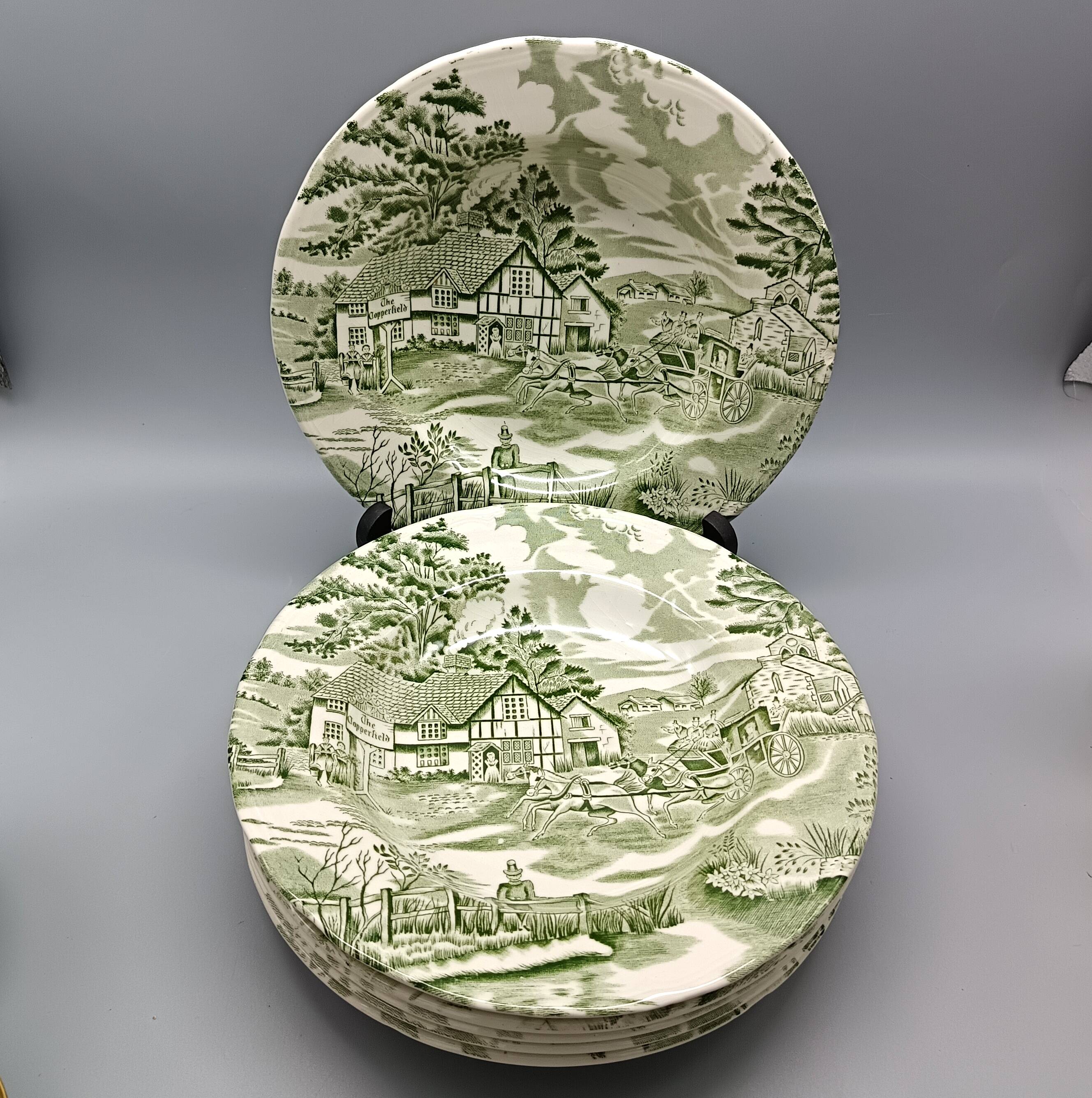 6 french ceramic luneville soup plates, green and ivory