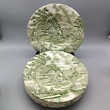 6 french ceramic luneville soup plates, green and ivory