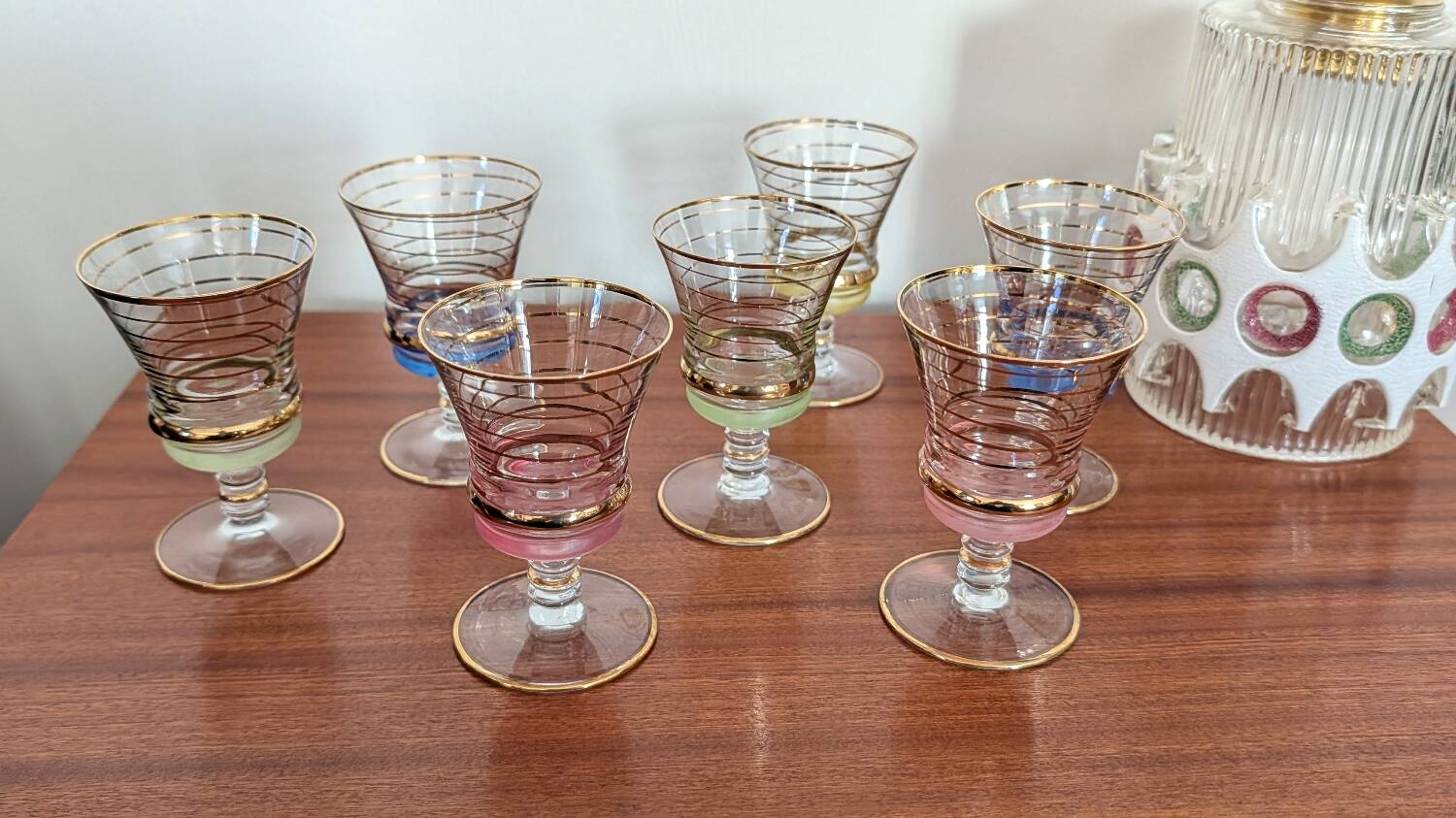 7 multicoloured stemmed glasses from the 1950s