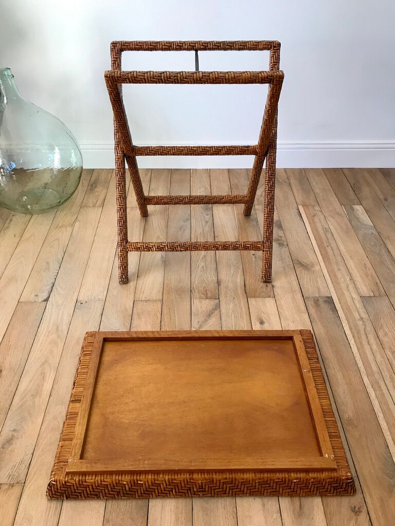 Rattan console exotic wood vintage removable tray 70s