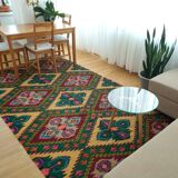 Tapis roumain vintage 330X176 cm tissé à la main dans la laine jaune et vert design géométrique