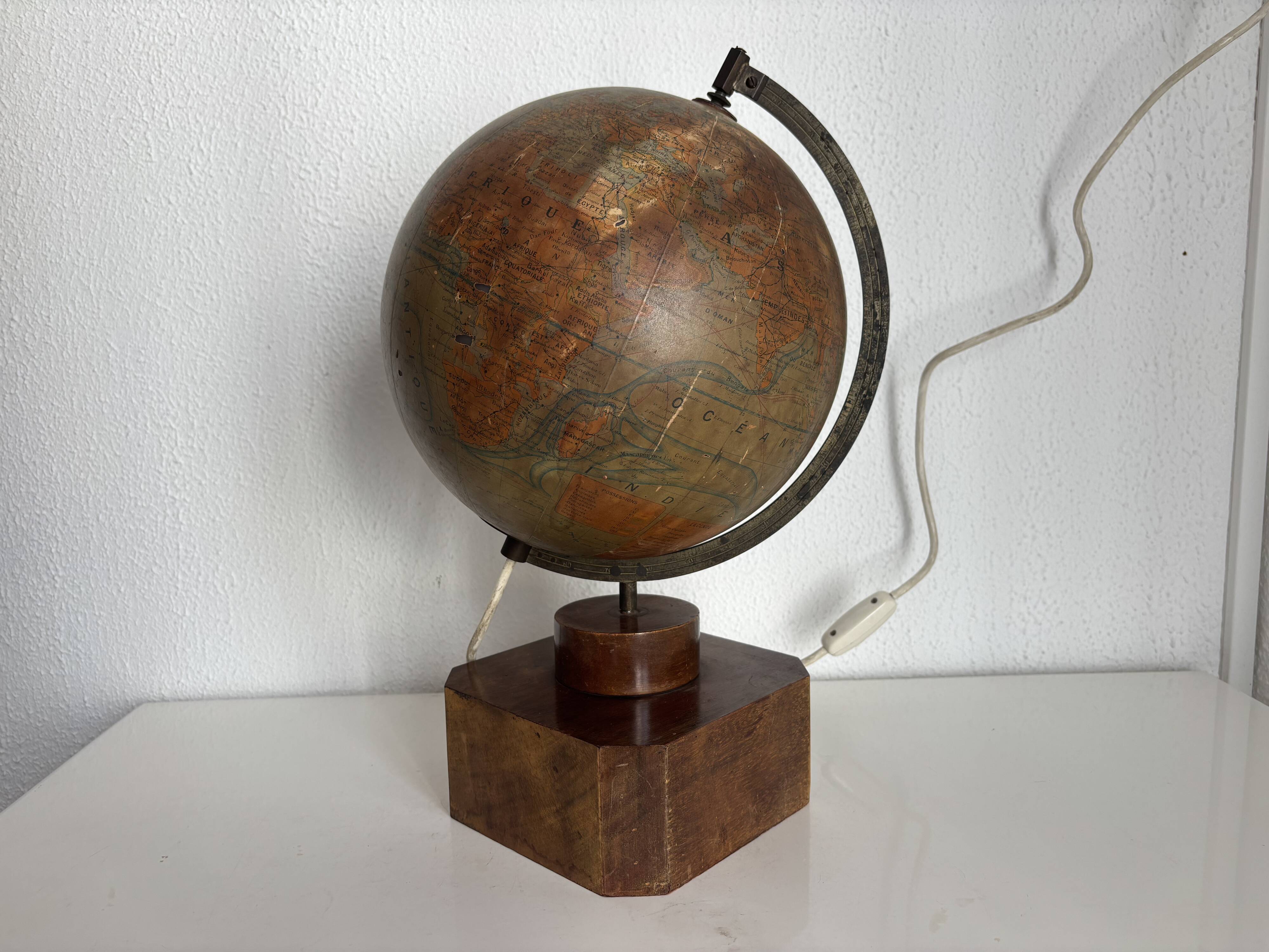 Vintage 1930 globe terrestrial Jacques Adnet world map J. Forest glass wood -