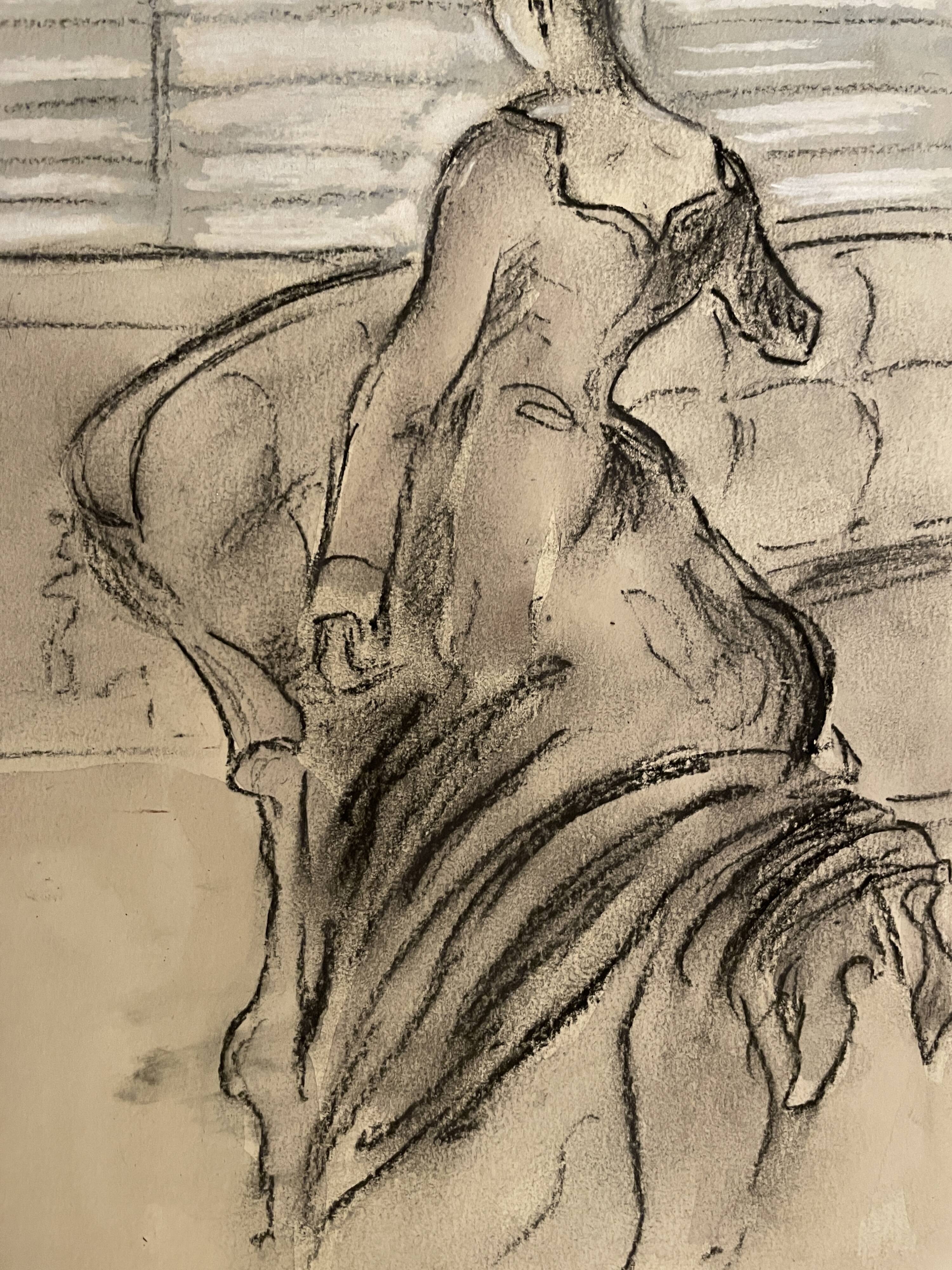 Painting signed charcoal watercolor female portrait Empire “sofa”