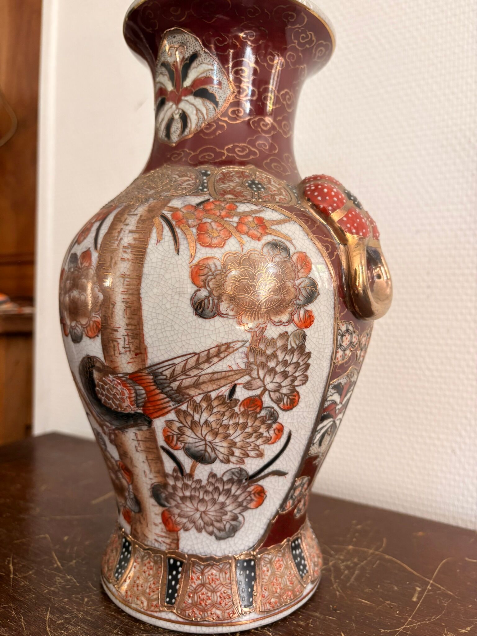 Satsuma Vase Japan Ceramic Bird Peony Meiji 30cm