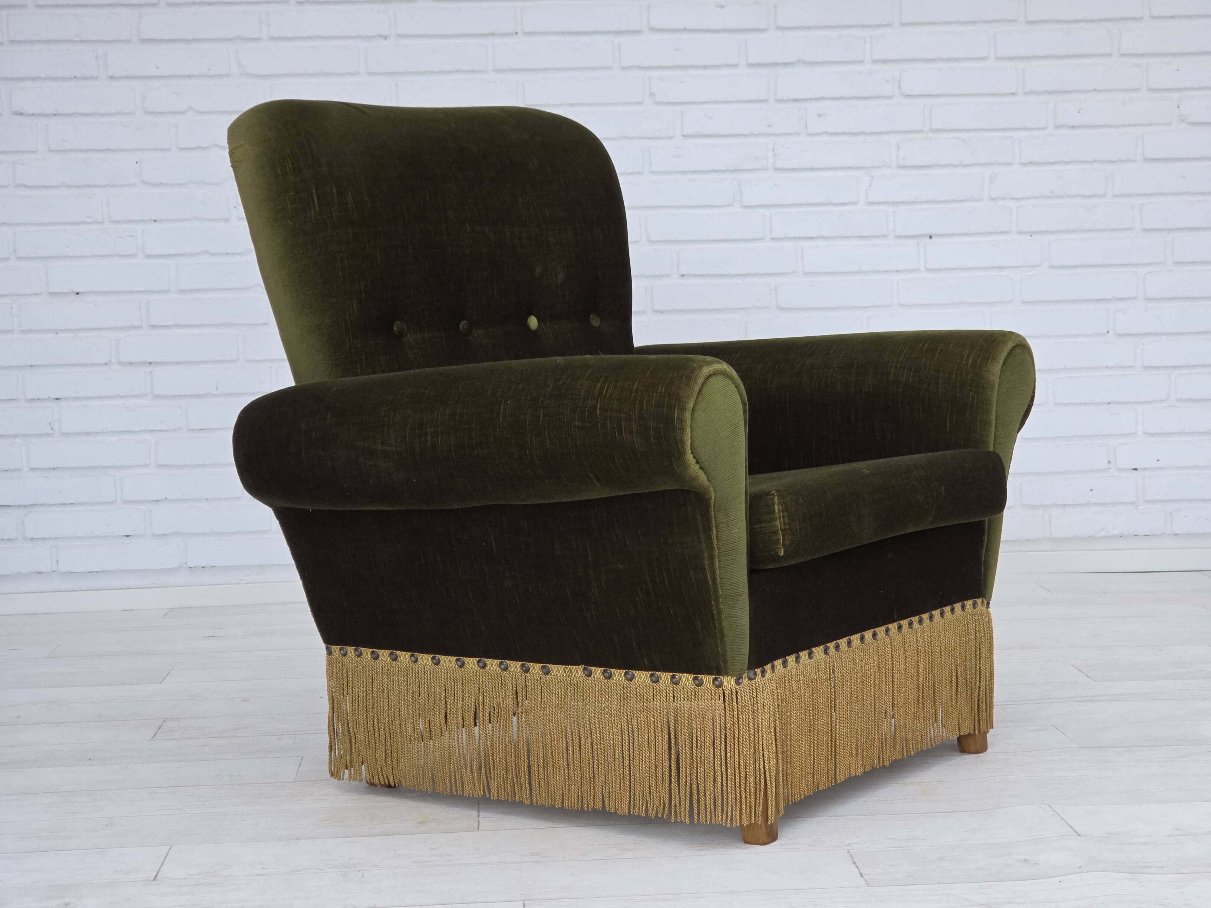 1970s, Danish lounge chair, high, furniture velour, ash wood legs.