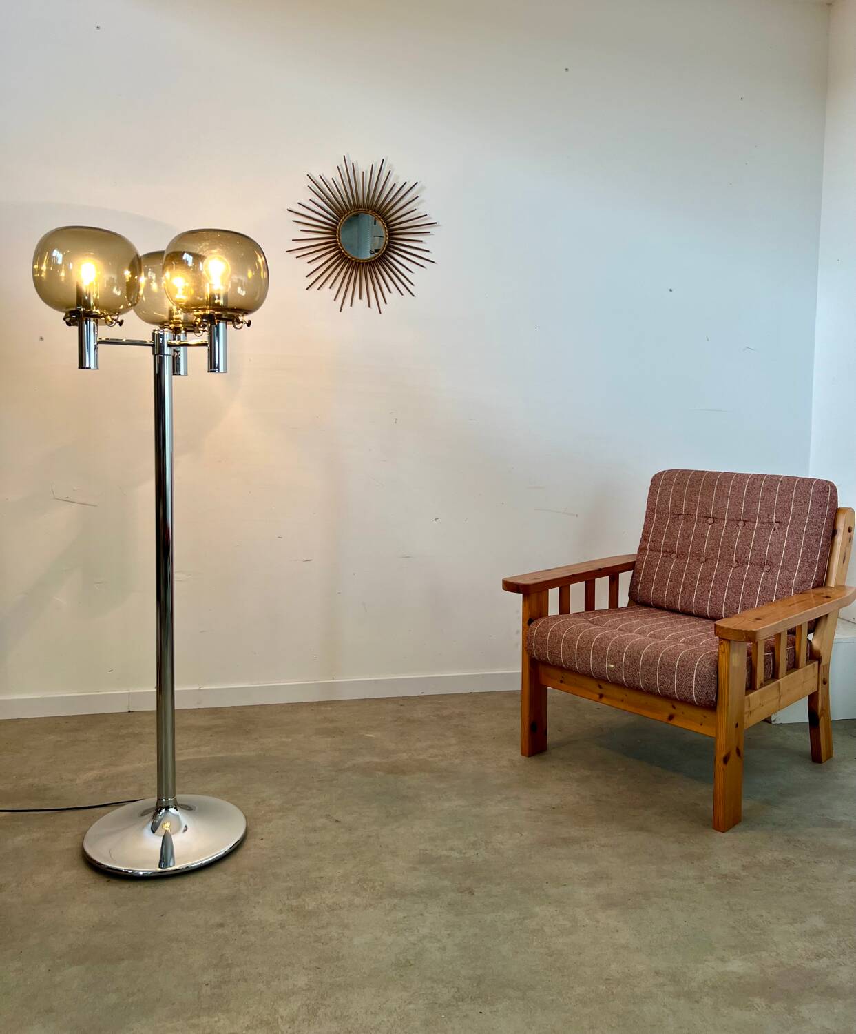 Old 3-light chrome and smoked glass floor lamp Italian design from the 70s vintage