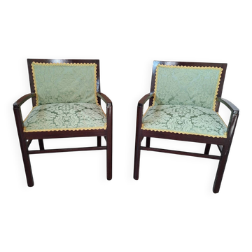 Coppia de fauteuils vintage des années 70 en acajou et en soie précieuse de San Leu.