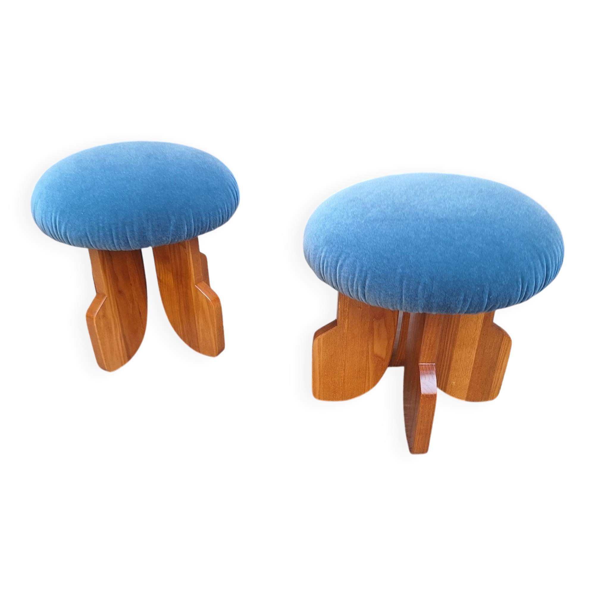 Modern Poufs in Light Wood and Blue Velvet Fabric from Artigianato Italiano, Set of 2