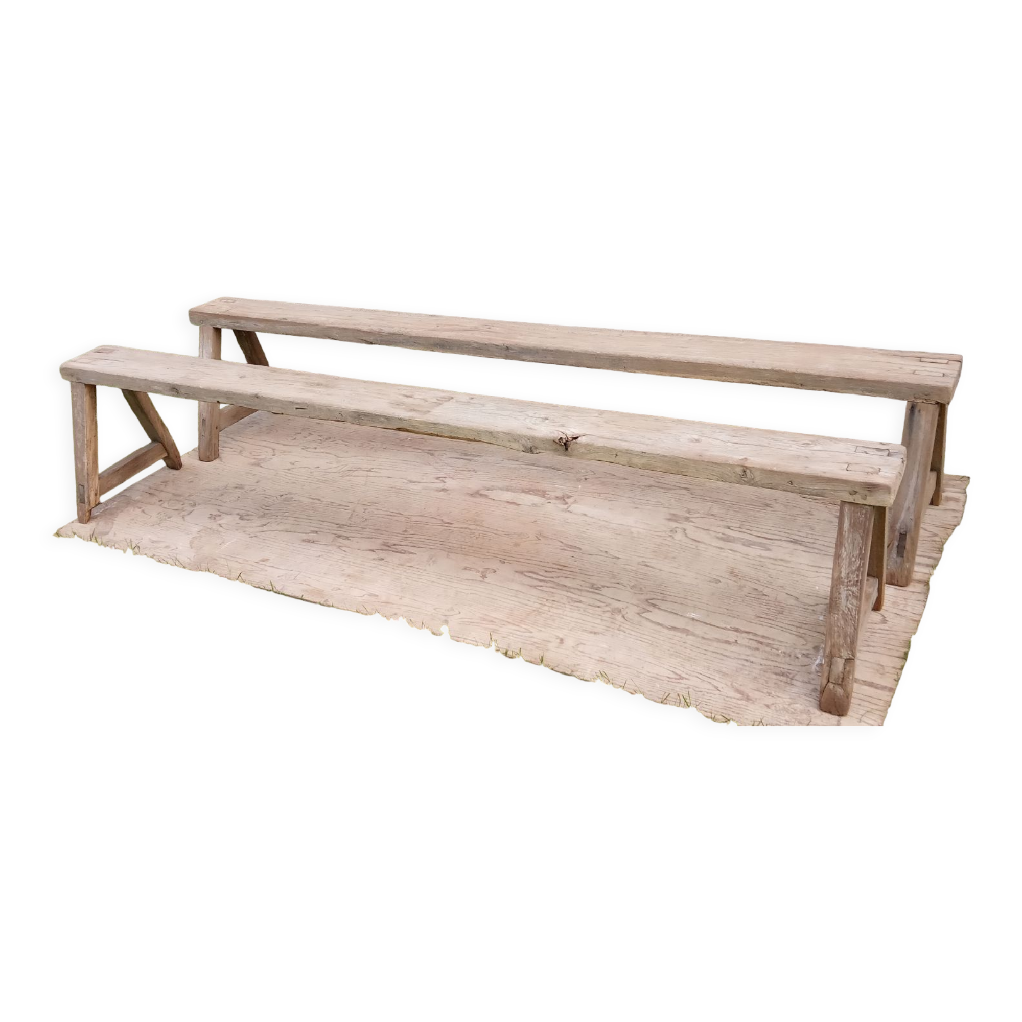 Pair of oak farmhouse benches 228 cm